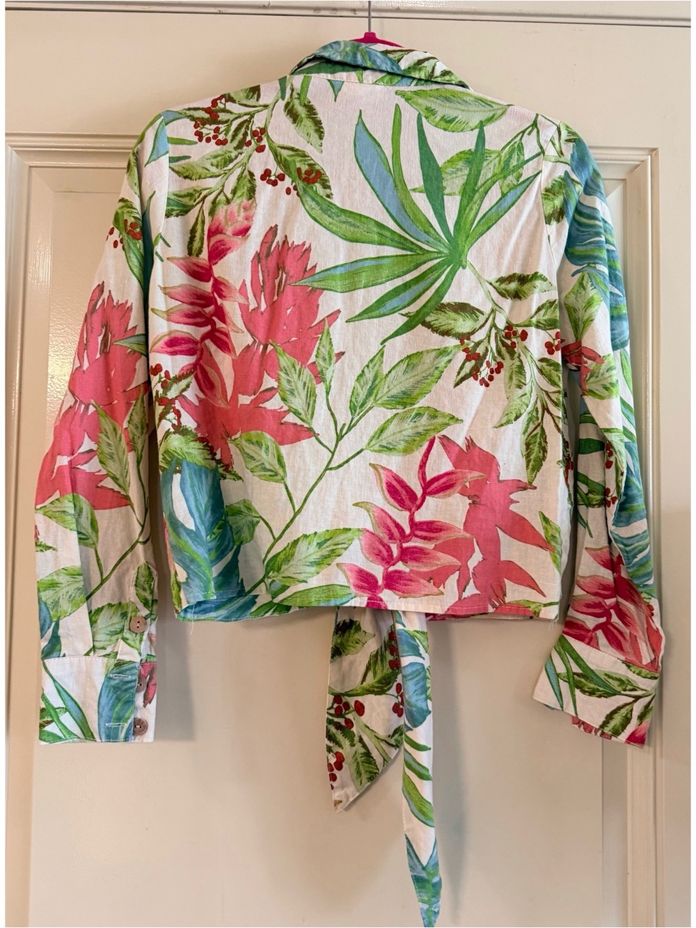 Nicole Miller White Floral Tie-Front Button Down Shirt with Pink & Green - Picture 3 of 4